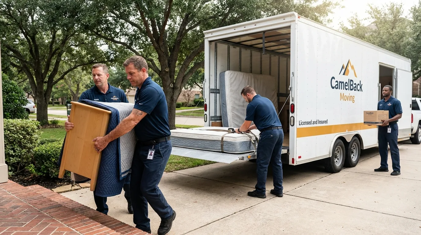 Crew loading residential truck for cross-state move from Caddo Mills, TX