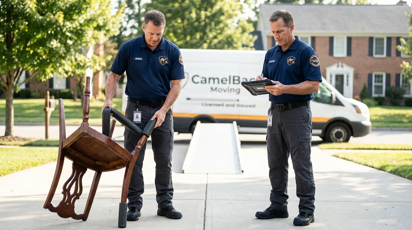 Movers inspecting furniture for damage prevention before loading in Caddo Mills, TX