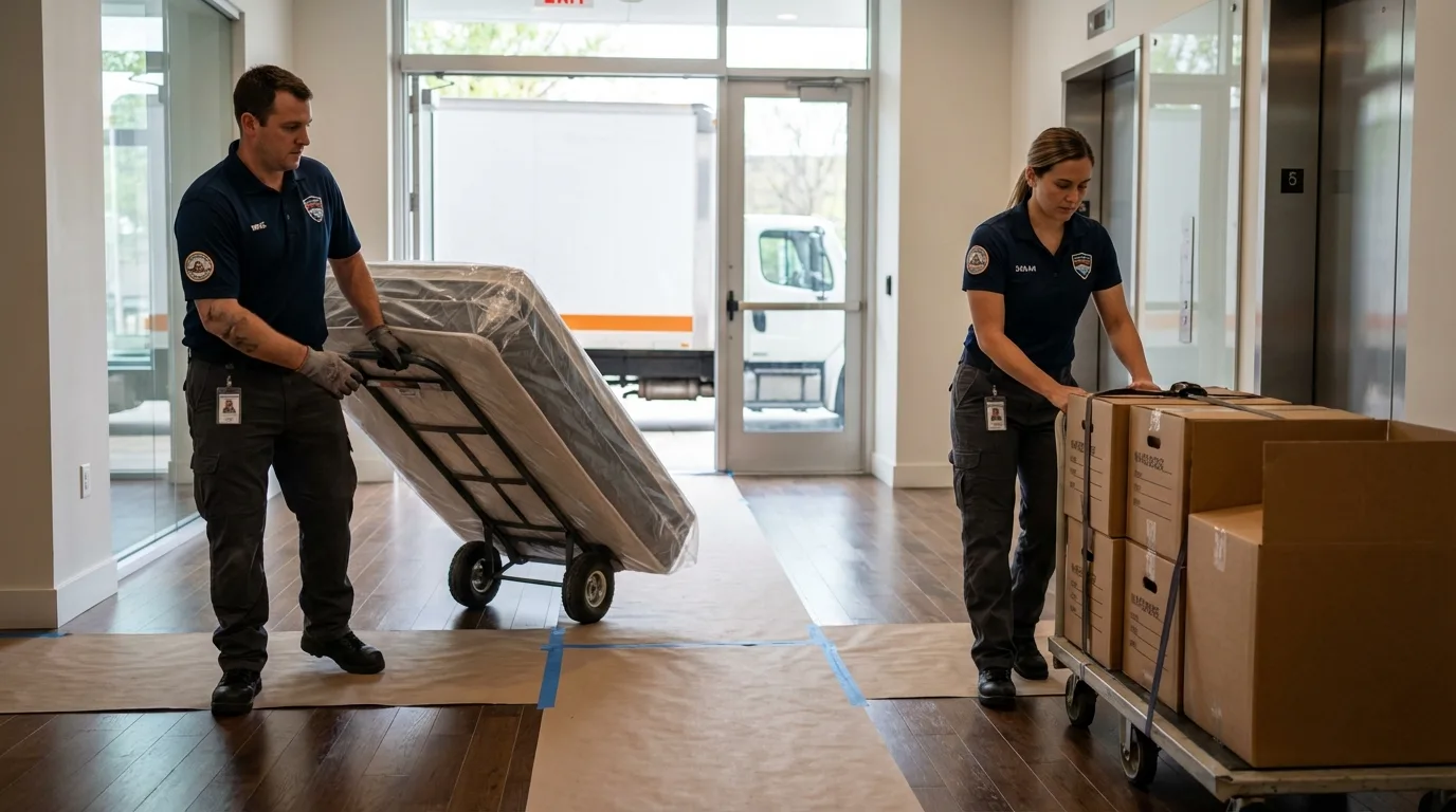 Professional apartment movers loading elevator in Caddo Mills, TX